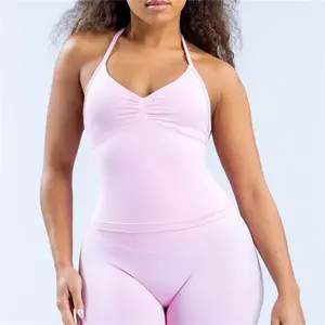 Charm Studio Sexy V Neck Gym Tank Top Impact Longline Strappy Vest Women Seamless Sports Running Tank Top Slim Fit Yoga Padded Workout