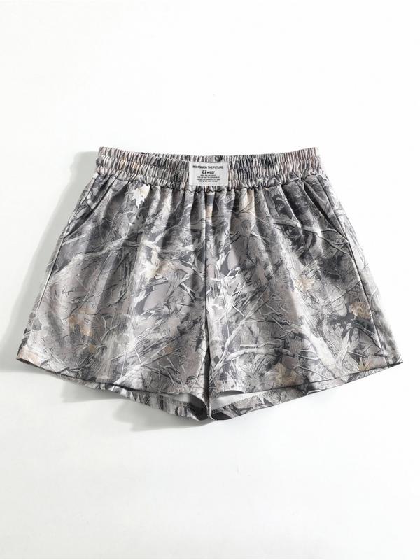 Vintage Street Withered Branch Camo Print Loose-Fit Gym Shorts, Casual All-Season Wear, Moderate Fabric Thickness, Kint Style, Athletic Shorts