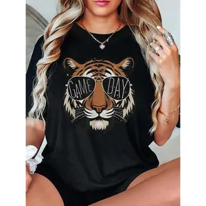 Women's Game Day Tiger Graphic T-Shirt With Glasses Print, Casual Crew Neck Tee With Medium Stretch, Versatile All-Season Top
