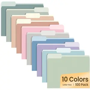 File Folders Letter Size 10 Pastel Colors, 100 Pack Manilla Folders 8.5 x 11 1/3-Cut Tabs, Colored File Folders for Office Home School Documents Files Paper