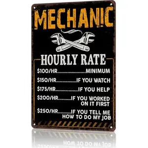 "Mechanic Hourly Rate" Funny Mechanic Metal Sign - 8x12 aluminum garage decor for auto shops, workshops, or TikTok mechanic skits! perfect for viral mechanic content and gift unboxings for auto enthusiasts
