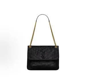 Pre-owned Yves Saint Laurent leather Shoulder Bags SAINT LAURENT YSL Niki distressed black label logo gold chain creased vintage cow wanderer bag handbag cross body shoulder bag medium size women's black