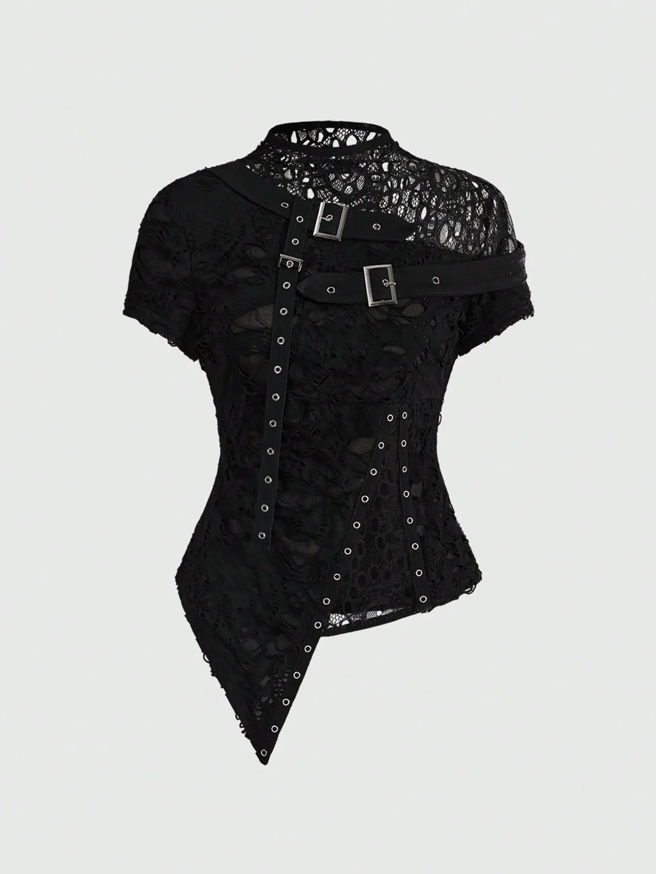 LALUZ Sexy Black Ripped Floral Mesh Patchwork Asymmetric Punk Goth Style Top E-Girl Alt Fashion Sheer See Through Grunge Clubwear Night Out