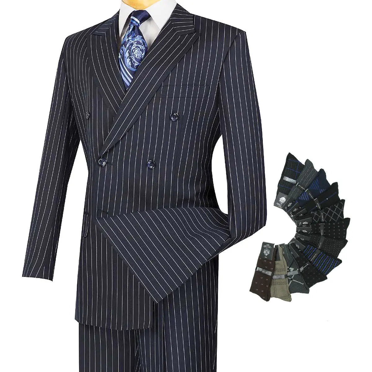 Luxurious Men's Double-Breasted Gangster Stripe Suit Navy
