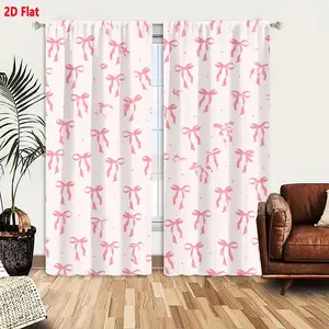 2D Flat 2-Piece Pink Ribbon Bow Pattern Curtains Set, Light Pink Background with Whimsical Dots Decorative Fabric Window Drapes, Cute Delicate Design for Bedroom Living Room, Soft Playful Bows for Girls Room, Home Decoration Curtain