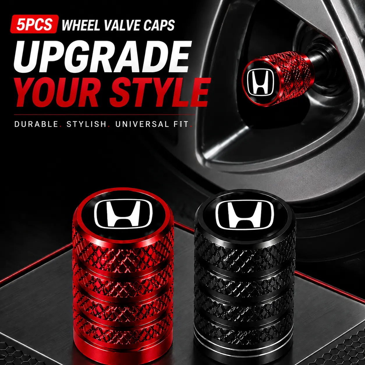 5-Pack Aluminum Alloy Tire Valve Cap Set for Honda CR-V, Civic, Accord, HR-V, Pilot, Odyssey, Ridgeline, Passport, Fit - Rustproof Car Wheel Accessory with Rubber Sealing Rings for Leak & Dust Protection