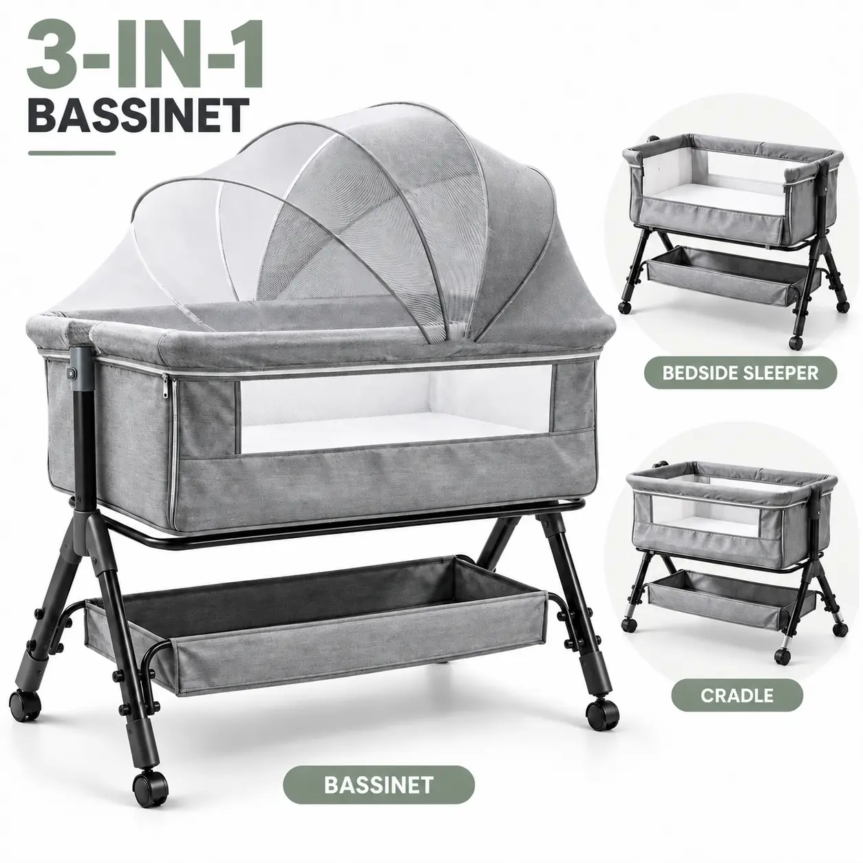 Baby bassinet newborn Portable bedside 3 in 1 crib, Adjustable Height Aluminum Alloy, Portable Folding Crib with Wheels Polyester, Breathable Mesh, Storage Basket, Baby Bedside Sleeper