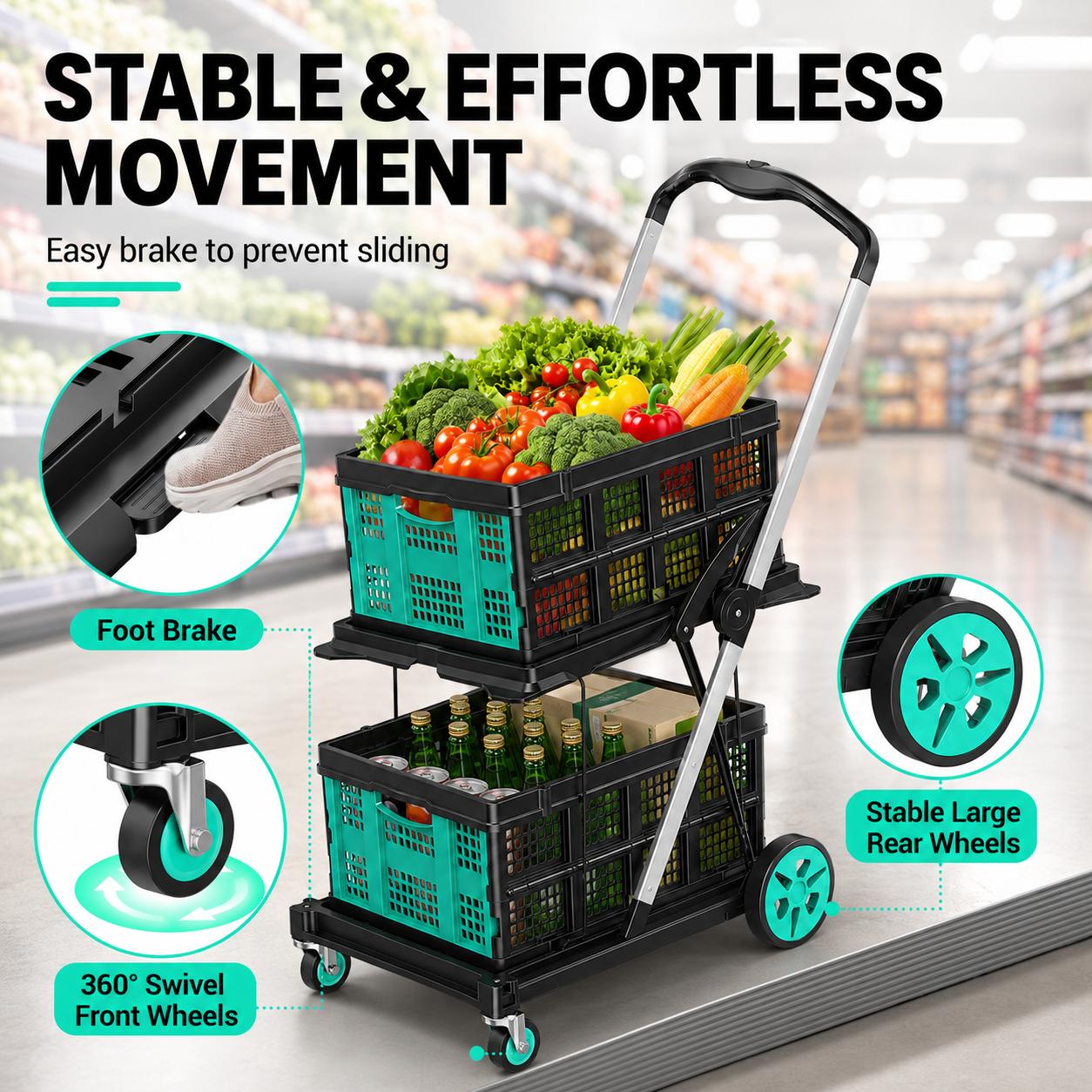 Premium Foldable Plastic Shopping Cart with Wheels, Elegant Lightweight Rolling Utility Basket for Groceries, Laundry, Travel, Camping and Home Storage, Space-Saving Portable Pull Cart