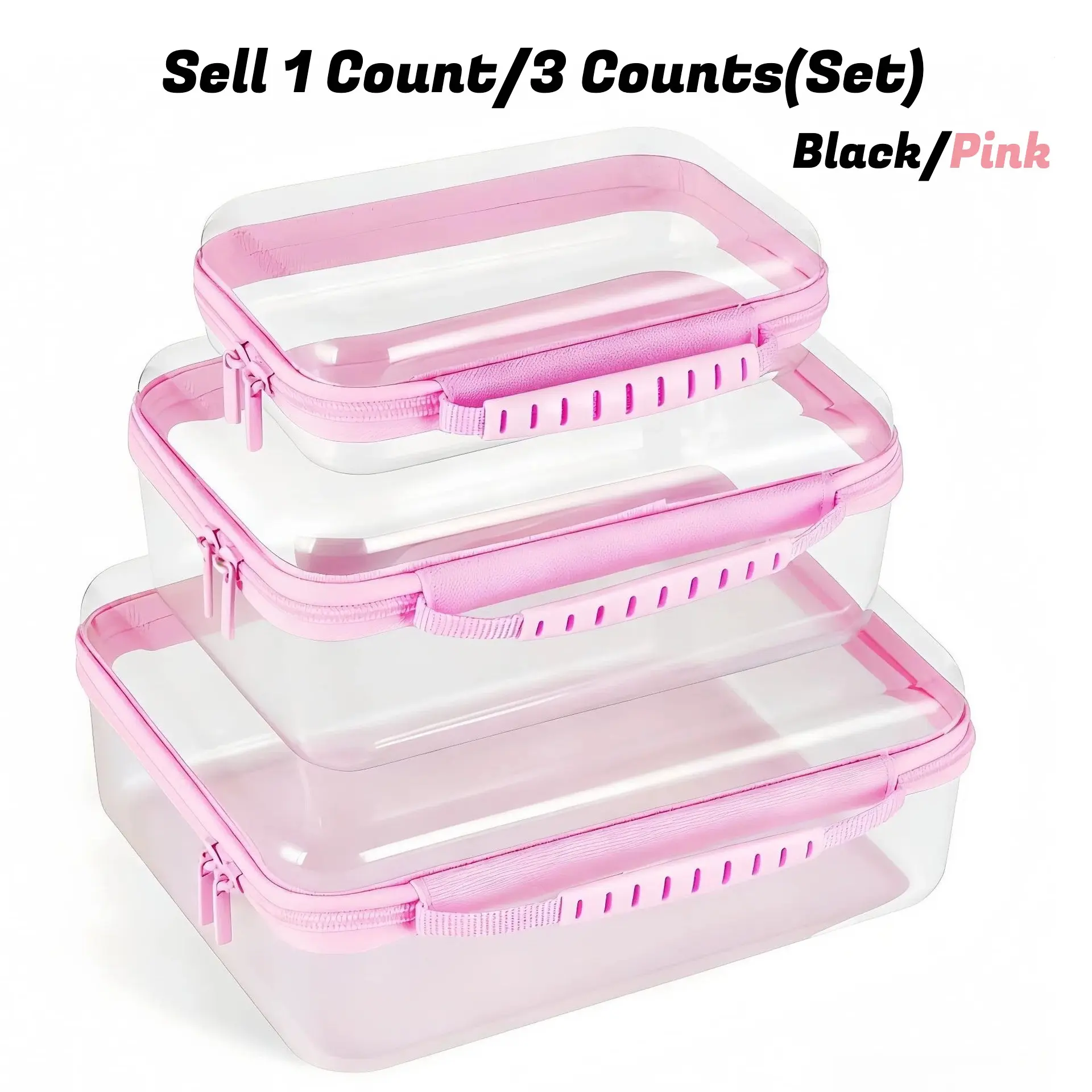 1/3 Counts(Set) Clear Hard Shell Zipper Storage Box, Large Capacity Zipper Storage Box, Black/Pink Available, Portable Storage Organizer for Skincare, Makeup Clothes, Books, Laundry, Travel Toiletry Bag, Space Saver Organizer, Large/Medium/Small Size