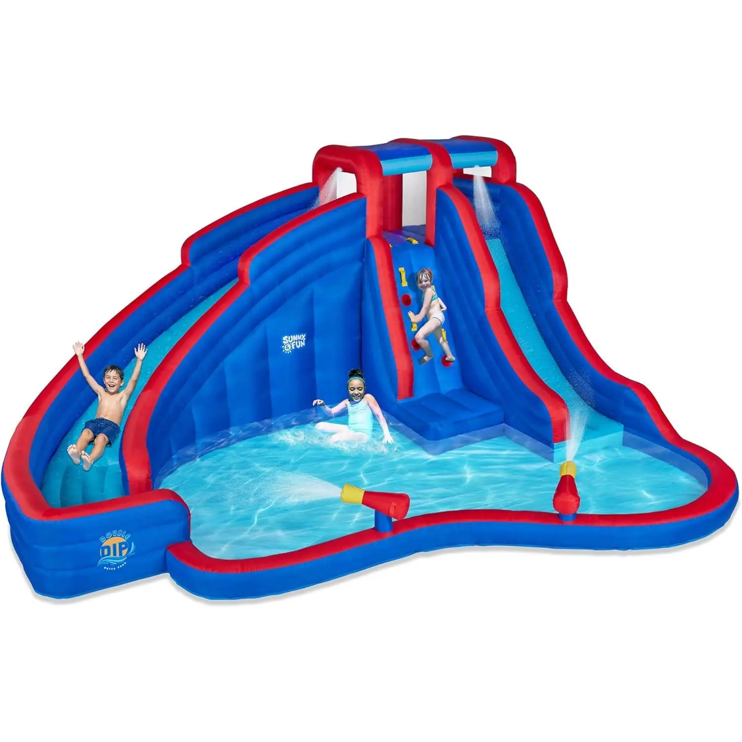 SUNNY & FUN Double Dip Inflatable Water Slide Park with Two Slides | Heavy-Duty Oxford Blow-Up Water Park for Kids Backyard with Splash Pool, Air Blower & Carry Bag | Easy Setup & Drainage