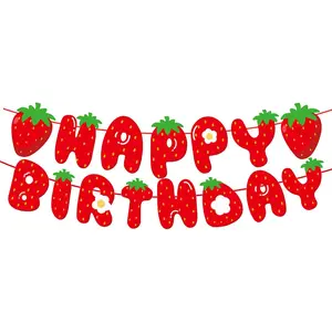 Strawberry Happy Birthday Banner,Pre-Strung Strawberry Birthday Party Decoration for Baby Shower 1st Boys Girls Birthday Wedding Summer Fruit Theme Parties Decor