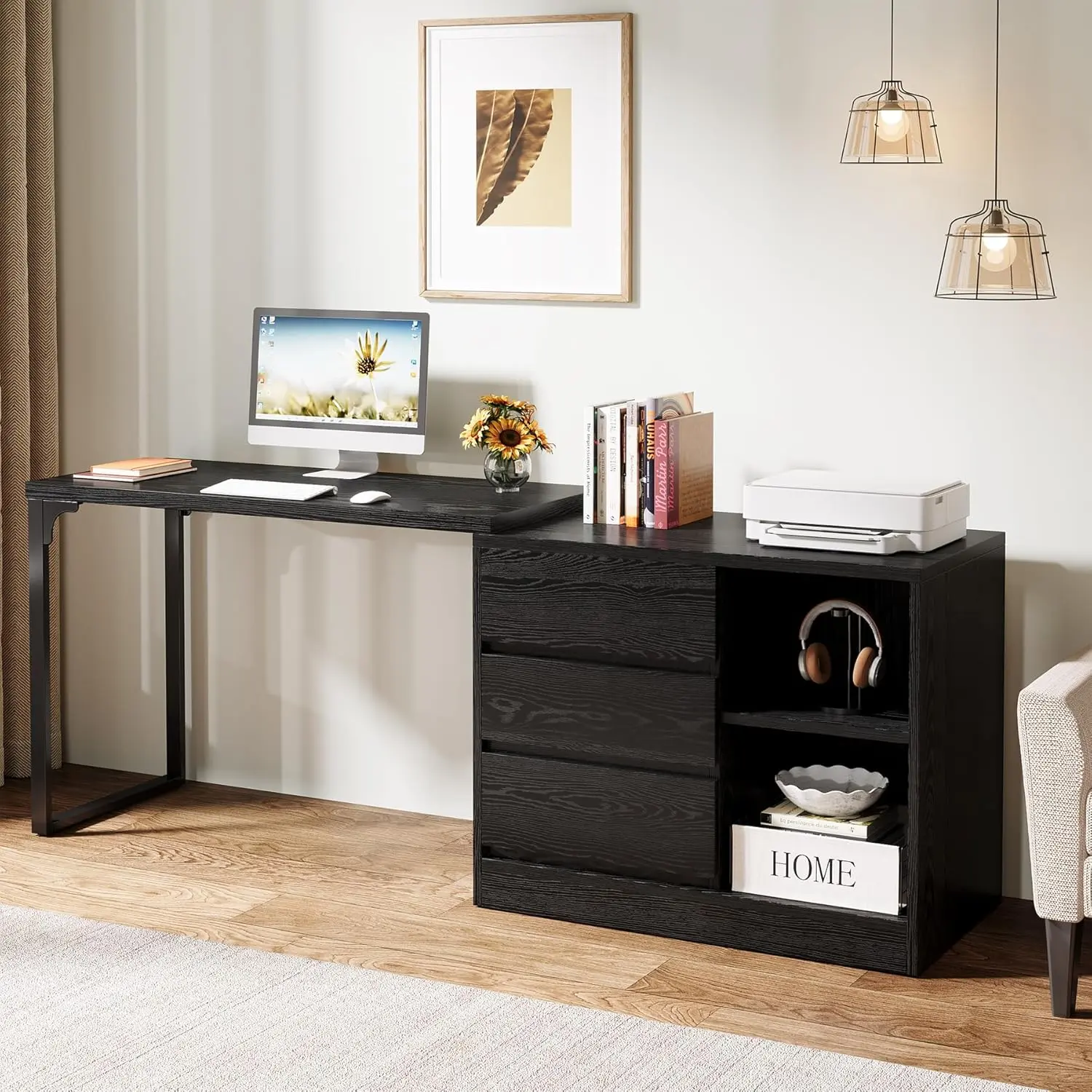 LITTLE TREE  L-Shaped Computer Desk with Drawers and Shelves, Reversible Corner Office Desk with Storage Cabinet, Modern Study Writing Table for Home Office, Bedroom