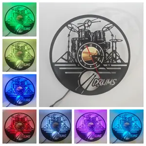 Jazz Drum Theme Vinyl Record Wall Clock with Colorful LED Lights, Practical and Decorative, Perfect for Music Room or Living Room Decoration