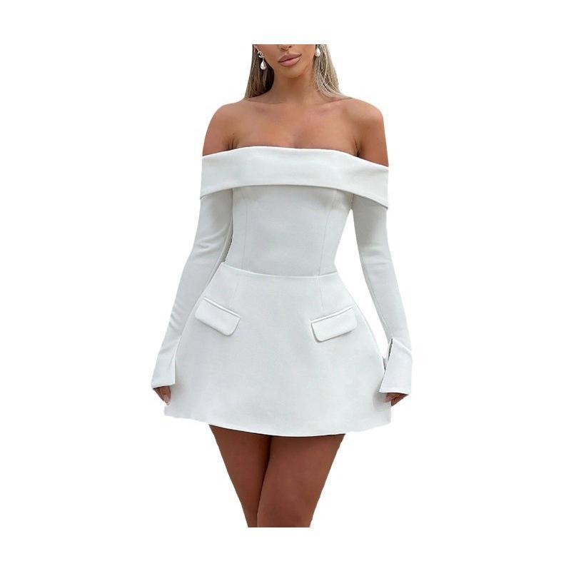 Fashionable Elegant Backless Off-Shoulder Tube Top Slim Fit Long Sleeve A-Line Dress for Women Formal Womenswear  Basic Minimalist White sundress