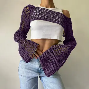 Crochet Crop Tops for Women Y2K Going Out Top Hollow Out Knit Bikini Beach See Through Cover Ups Fashion, ultra-short bell-sleeve sexy mesh cover-up trendy, new solid color street style trendy outerwear with a unique design