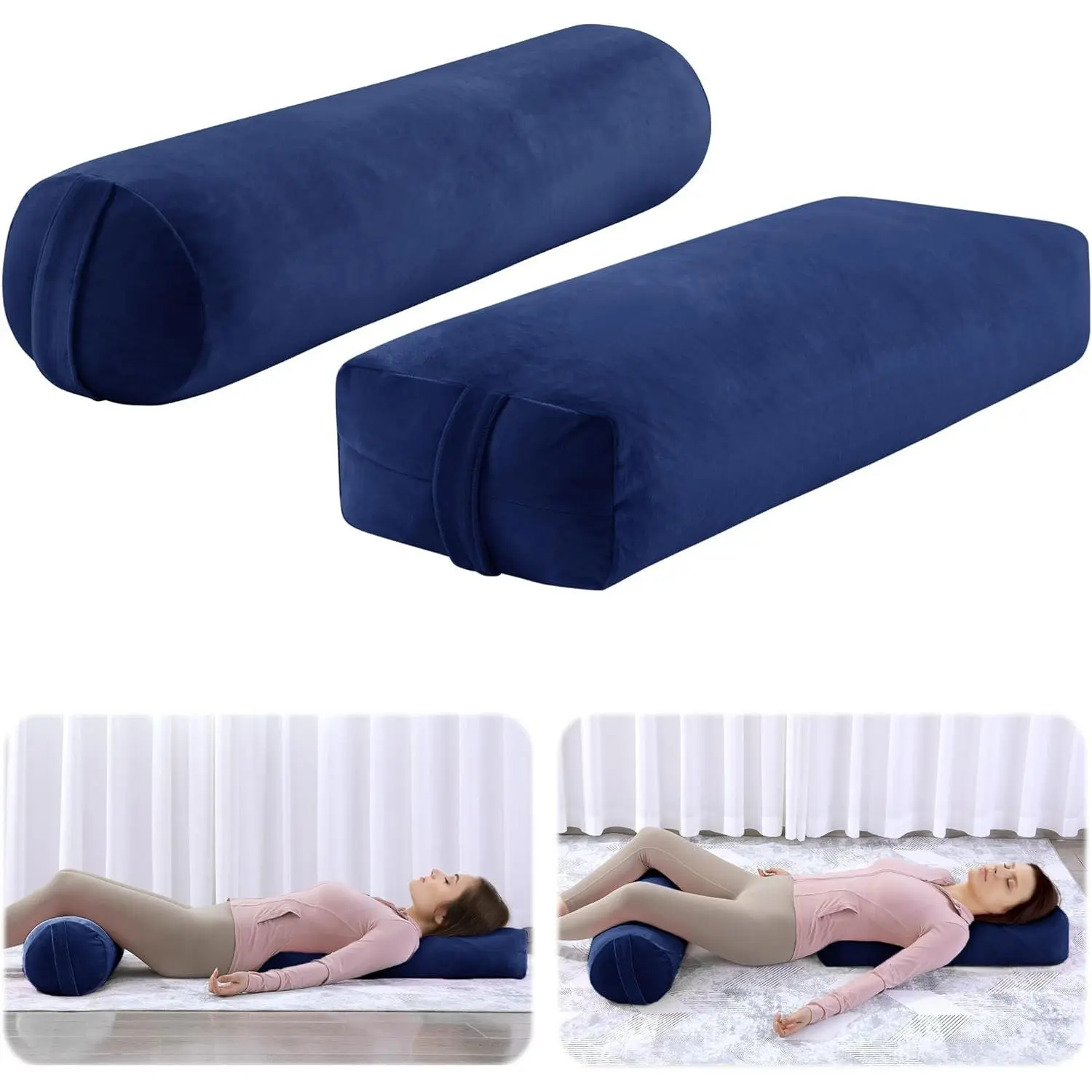 2 Pcs Yoga Bolster Pillow for Restorative Yoga, and Cylinder Meditation Pillow Set with Handles, Supportive Cushion for Workout Stretching Meditation,Dark Blue