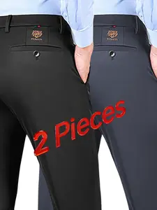 2-pieces Men's New Loose Straight Leg Elastic Formal Pants, Anti-Wrinkle Iron-Free Comfortable Tiger Head Western Trousers, All Seasons Wear