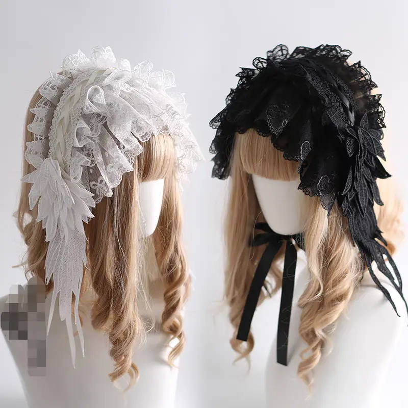 Original Handmade Gothic Nun Lace Headpiece, Black & White Ruffled Lace Lolita Headband, Alt Subculture Anime Hair Accessory