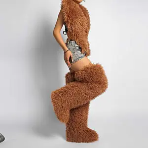 Autumn and Winter Women's Outdoor 72cm Thigh High Tan Sheep Fur Over the Knee Snow Boots for Women Footwear Shoe Walking Shoes Girl Bridal furry boots Decor