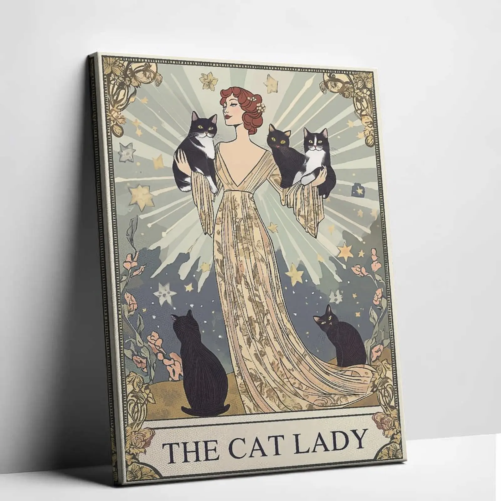 Art Nouveau Cat Lady Canvas Print | Retro Starry Black Cat Tarot Poster | Aesthetic Unframed Wall Decor Gift