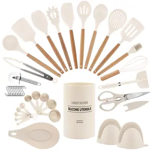 Country Kitchen Cooking Utensils Set - 38 pcs Non-stick Silicone Spatula Set with Holder, Wooden Handles and Heat Resistant Gadgets Utensil