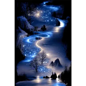1PCS Diamond Painting Kit Night River with Glowing Stars and Moonlight Scenery DIY Craft for Home Decor Wall Art Painting