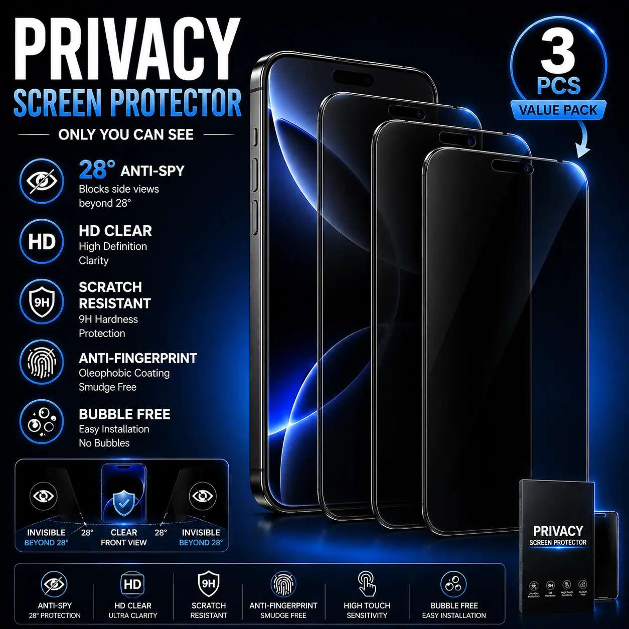 3 pcs screen Protector For iPhone all series , Scratch-Smooth Touch, Privacy Protection,Circular Polarized Eye Protection,Easy Installation