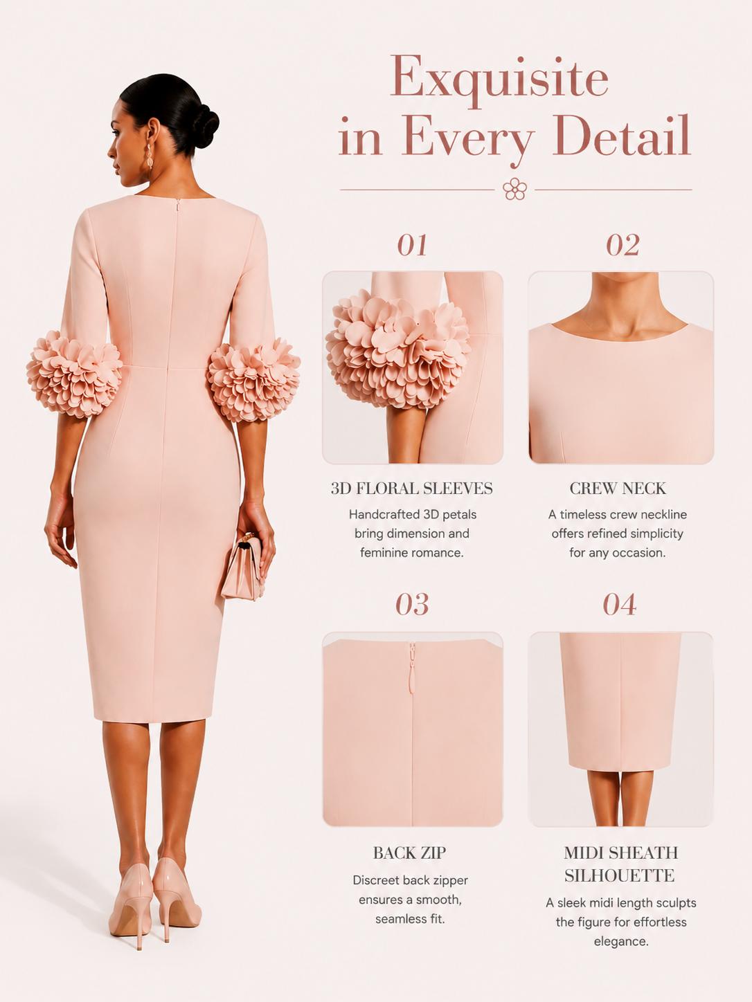FEHAUTE Women's Pink 3D Floral Sleeve Crew Neck Sheath Midi Dress Cocktail Party Mother of the Bride Dress Formal Womenswear