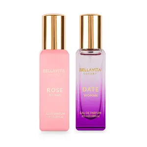 BellaVita Luxury Women’s Perfume Combo | Rose – Jasmine, Peach & Amber | Date – Pink Pepper, Red Fruit & Jasmine | 20ml Mini Eau De Parfum (EDP) Each | Floral, Fruity & Spicy | Long Lasting, Portable, Vegan & Cruelty Free Perfume Set