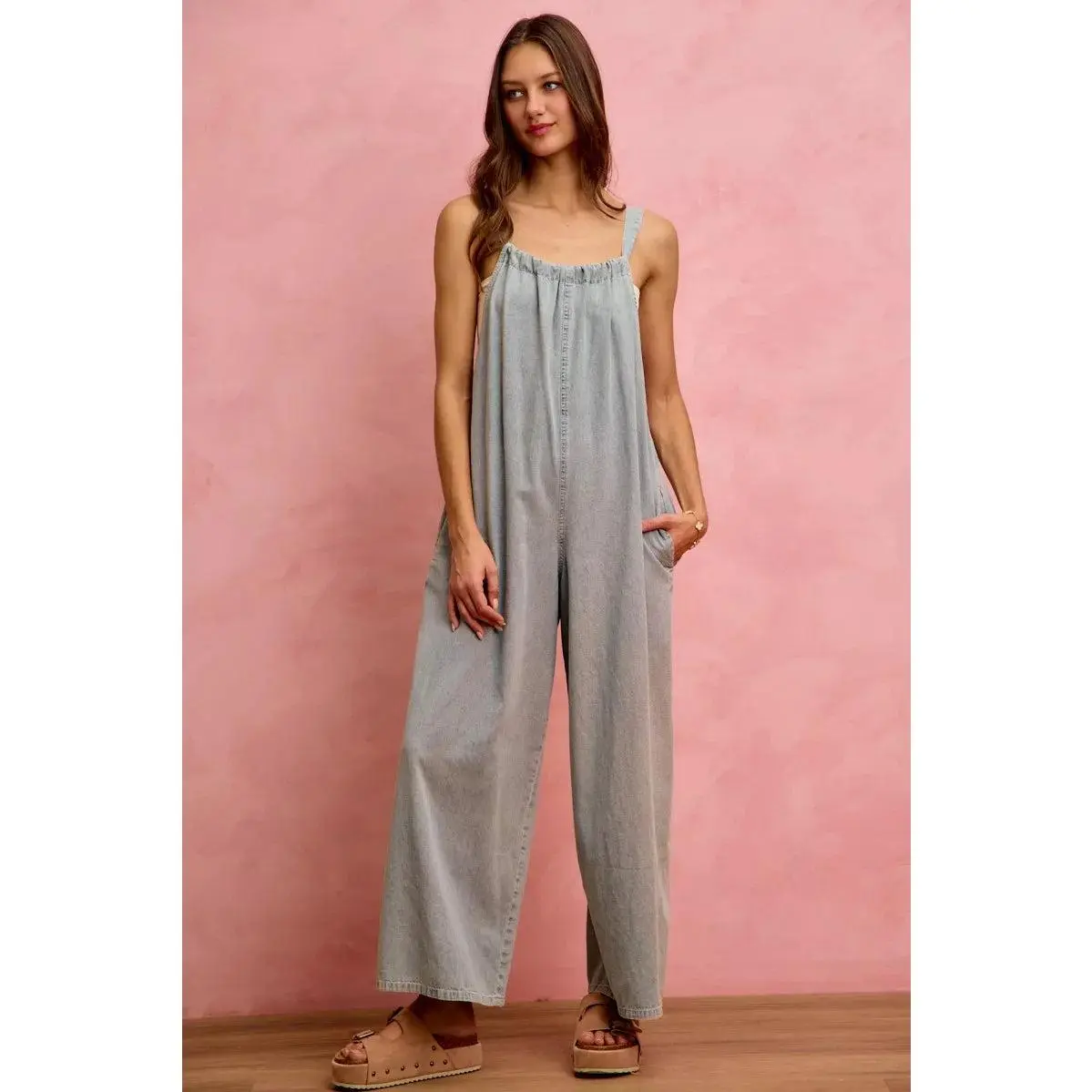 SO ME Wide Leg Lightweight Denim Overalls