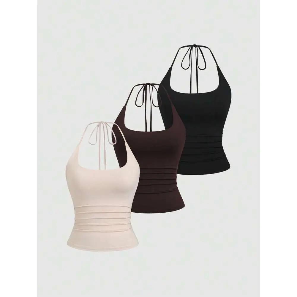 Women's European And American Fashion Casual New Summer, Slim Fit Sexy Halter Backless Elegant Commute Casual Fitness 3-Pieces Set Halter Top