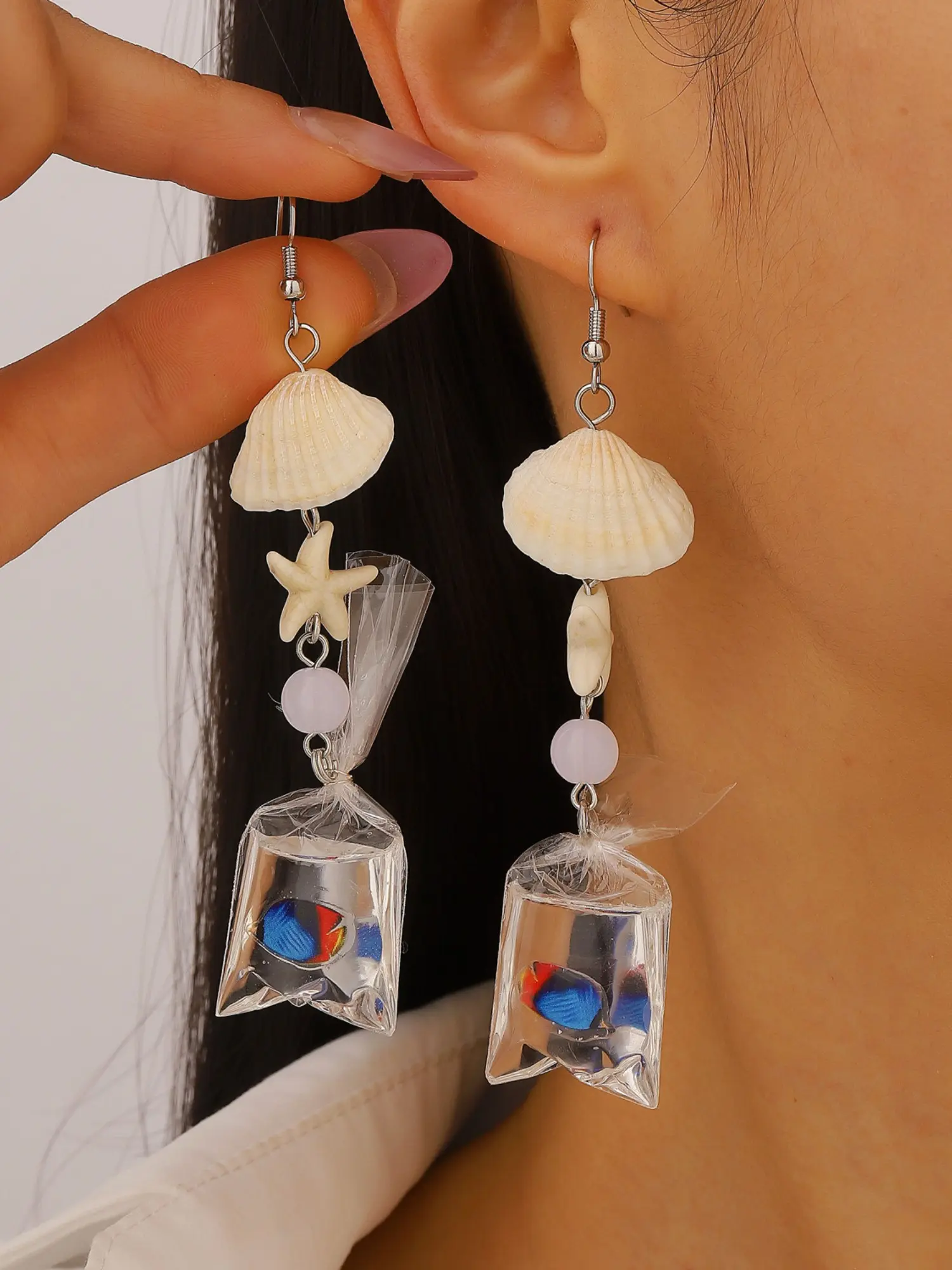 Fashionable Tropical Fish Shell Pendant Earrings, Long Handmade Beach Ear Jewelry, Cute Style, Perfect for Vacation