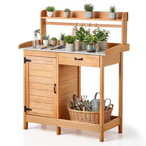 fathersdaygift VEVOR Potting Bench Table, 3-in-1 Outdoor Gardening Wooden Workstation with 44x 19 in Galvanized Iron Tabletop, Garden Work Station with Drawer, Storage Cabinet Shelves, Hooks for Patio, Backyard