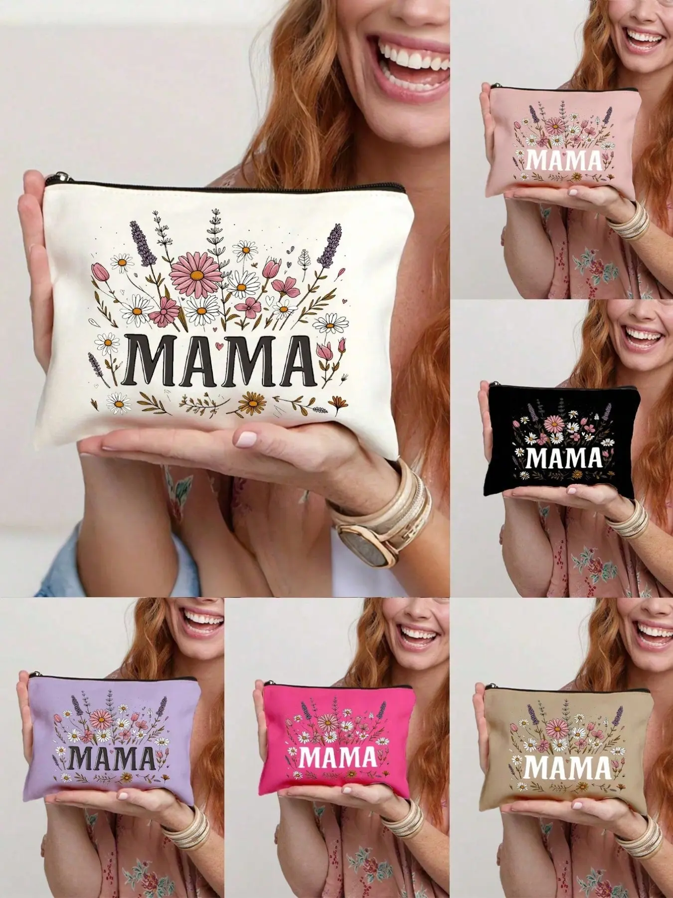 Wildflower Mom Canvas Makeup Bag - Floral makeup bag for mom, cute wildflower zipper bag, Mother's Day gift, birthday gift for mom or grandma, travel toiletry bag, canvas zipper bag, handheld makeup storage bag