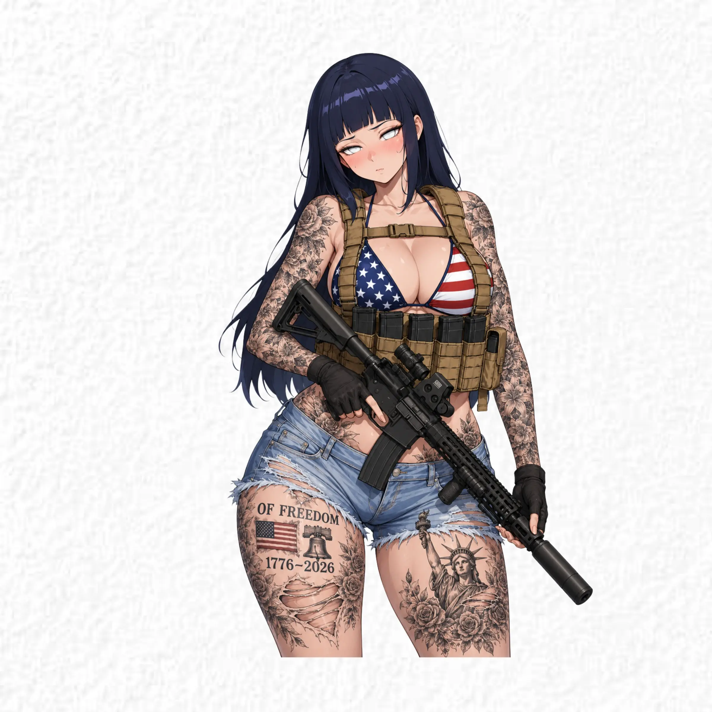 Patriotic Hinata Anime Warrior Sticker, Tactical Veteran Waifu Decal, American Freedom 1776–2026 Vinyl for Laptop, Phone, Water Bottle, Car Window