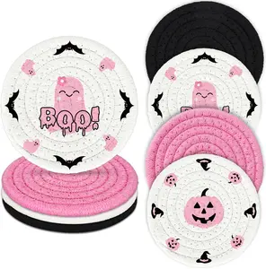 Limited Christmas Sale: 4-Piece Halloween Handmade Braided Cotton Coasters - Pink, Black, Pumpkin , Boo Designs, Drink Coasters, 4.3 Inch Tableware