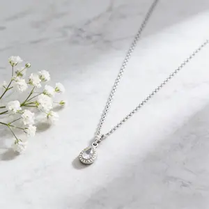 Dainty Halo CZ Teardrop Pendant Necklace - Stainless Steel 3.9g Hypoallergenic Jewelry - Birthday Holiday Gift for Her