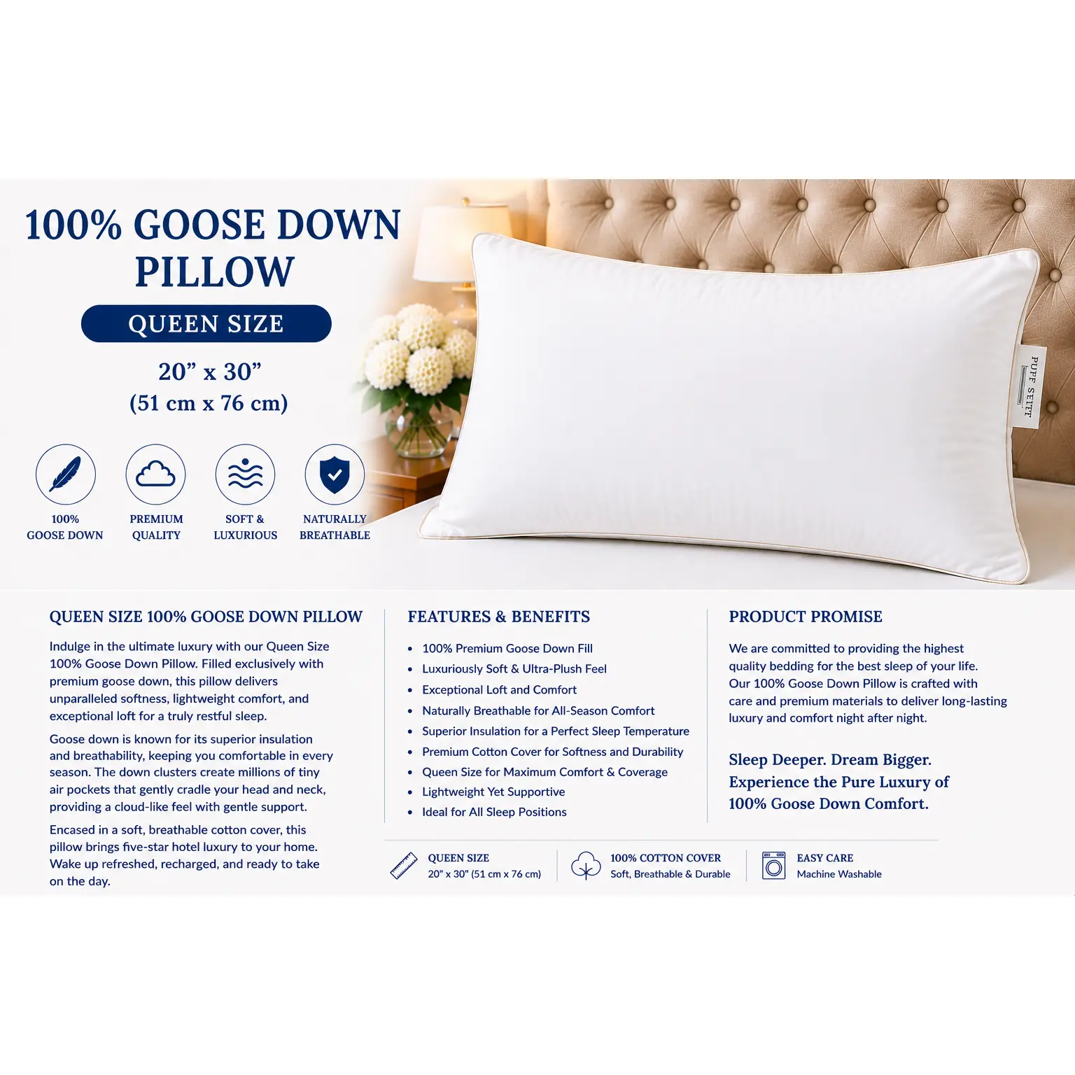 Luxury 100% Goose Down Queen Pillow