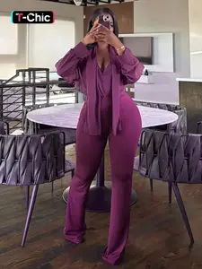 Women's Fashion Solid Color Mesh Sheer Tie Long Sleeve Top + Flared Pants Set Suits Fitted, Comfortable Elegant Chic Simple Minimalist for Spring & Fall