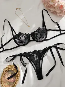 Women's Chic 2-Piece Elastane Underwear Sets - Transparent Straps, Floral Embroidery Bra, Mesh Lace Matching Lingerie, Low Waist, Hollow Cutout, Elegant All-Season Lady Underwear