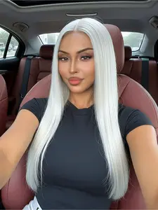 Ash Gray Straight Lace Front Wig 13x4 HD Transparent Lace 28 Inch Heat Resistant Soft Synthetic Hair Synthetic Wigs Pre Plucked Realistic Illusion Hairline Free Parting for Women Party & Cosplay Wear