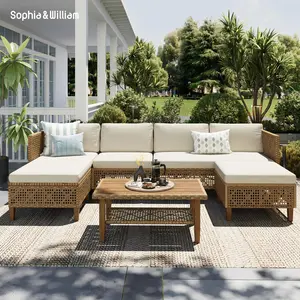 Sophia & William Boho Wicker Patio Furniture Set, 3-Seater / 5-Seater, Outdoor Rattan Sectional Sets Conversation Set - Weather-Resistant, with Dual Storage Coffee Table Acacia Wood Legs for Garden, Patio & Deck