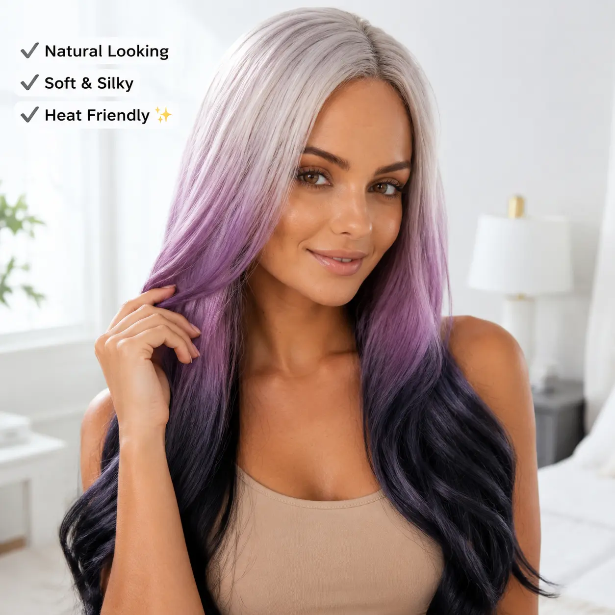 Platinum Lavender Ombre Lace Front Wig – Natural Hairline Glueless Heat Resistant Synthetic Wig for Women | Soft Silky Long Hair Daily Wear, Party, Cosplay & Date Night Ready Heat Friendly Wig Stylist Friendly Wig