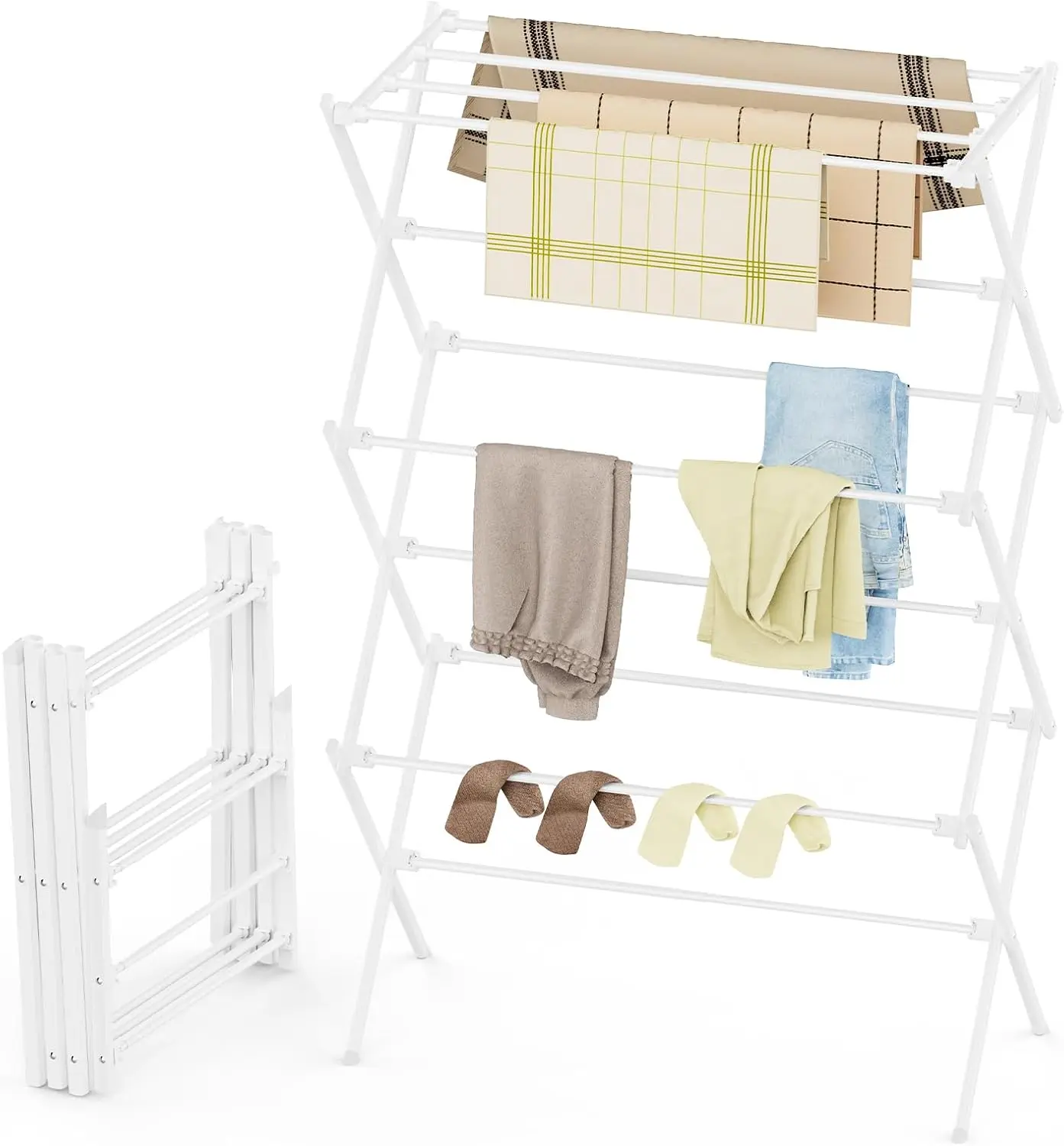 3-Tier Foldable Clothes Drying Rack, Anti-Rust Collapsible Laundry Rack for Indoor & Outdoor Use, 34.6" W x 11.8" D x 35.4" H, White