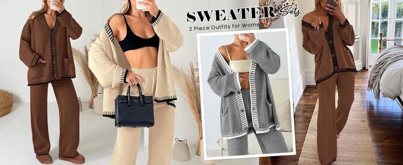PrettyGarden Women's 2 Piece Set Winter Knit Outfits Matching Loungewear Long Sleeve V Neck Cardigan Sweaters Wide Leg Pants Tracksuits