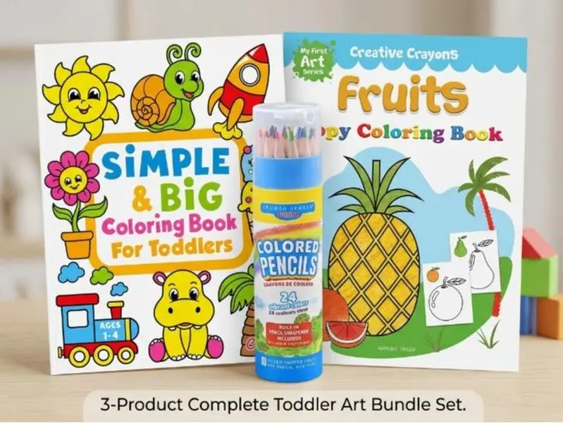 Kids Fruits Coloring Book Bundle – 100 Easy Fun Pages for Toddlers & Preschool + 24 Junior Colored Pencil Set