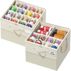 2 Pack Shoe Organizer for Closet, Large Shoe Box Storage Containers, Foldable Shoe Storage Organizer Box Bin with Adjustable Dividers and Clear Cover, Space Saving Shoes Holder, Beige