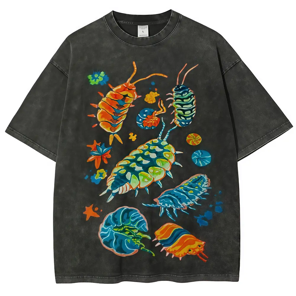 Unisex Vintage Washed Streetwear T-Shirt, Short-Sleeve Crew Neck Graphic Top with Colorful Insects, Casual Fabric, Full Color, All Sizes for Men and Women, Shortsleeve, Printed, Insect Print, Round Neck