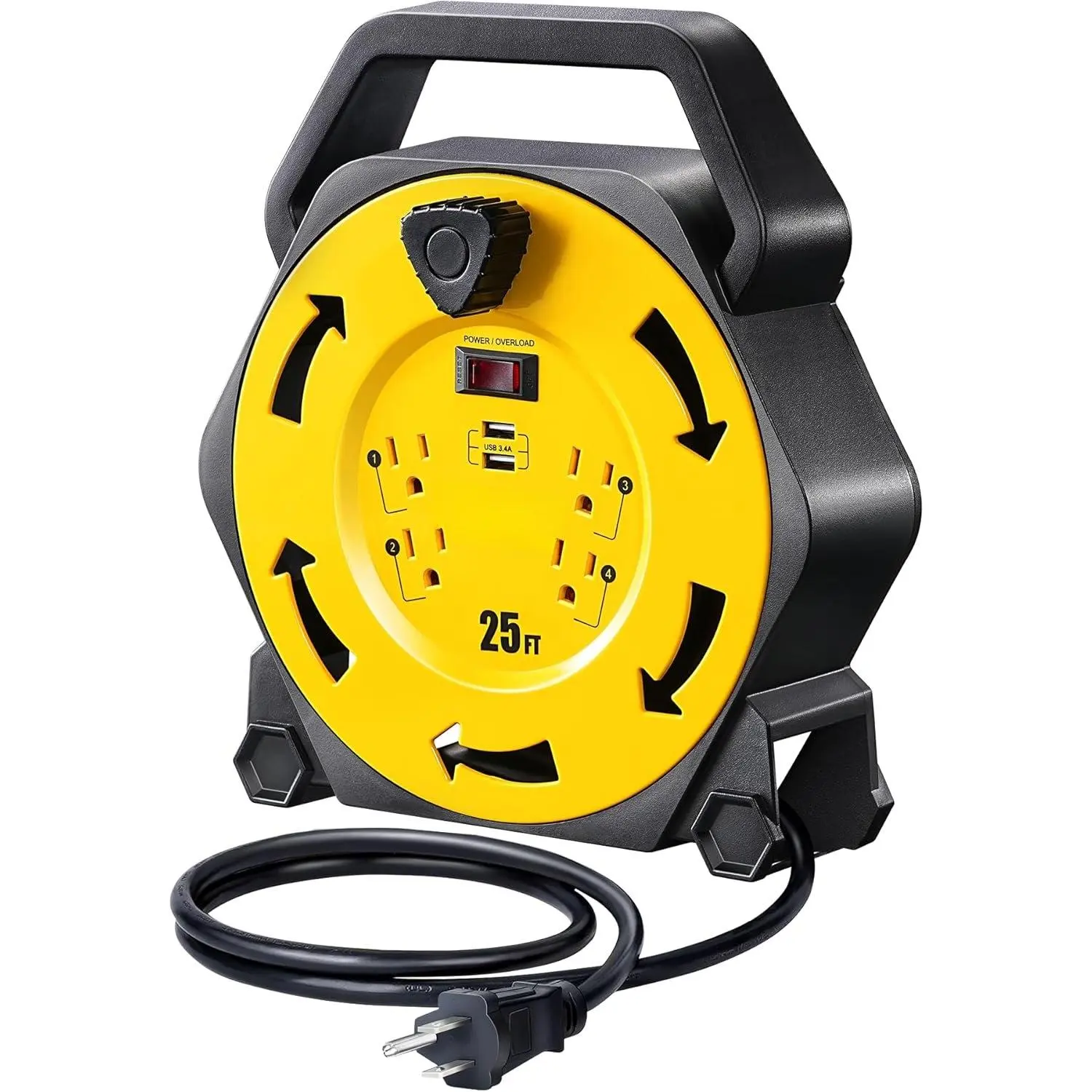 UL Listed Retractable Extension Cord Reel - 25FT 16/3 SJTW Heavy Duty Cord, 4 Power Outlets, 2 USB Ports (3.4A Fast Charge), 13A Circuit Breaker, Compact 3.12 lbs, Long Lifespan, Hand Wind for Easy Winding/Unwinding, for Caravan, Garage Use