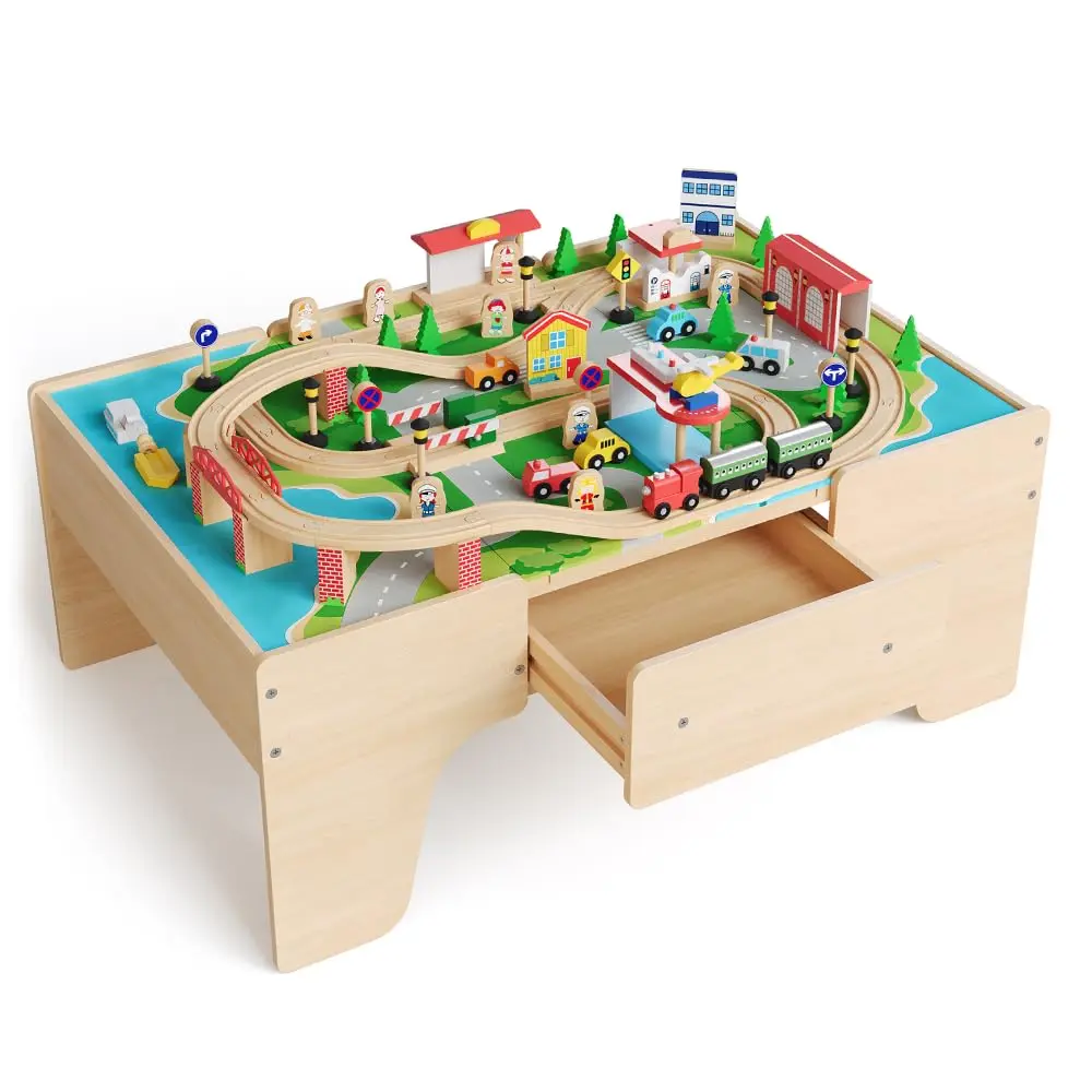 Multipurpose Wooden Train Table Set for Kids and Toddlers – 84 Pieces – Reversible Activity Top, Built-in Storage Drawer, Train Tracks – Natural Wood – Complete Activity Playset